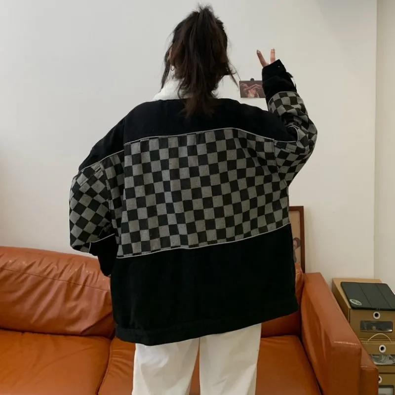 Checkerboard Denim Cotton Jacket Female Autumn and Winter Style Korean Loose Stitching Thickening Plus Velvet Warm Cotton Jacket