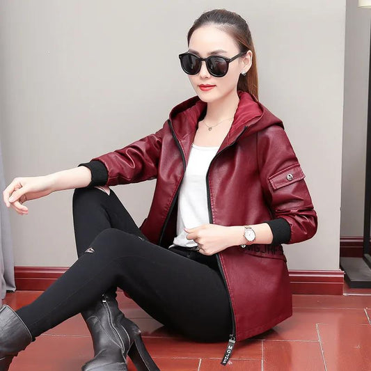Autumn and Winter Fashion Slim Hooded Leather Ladies Short Jacket Pu Jacket Women's Motorcycle Jacket