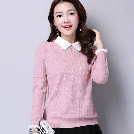 Spring Autumn Winter Fake Two-piece Color-blocking Sweater Women Loose Knit Bottoming Sweater Sweet Doll Collar Pullover Sweater