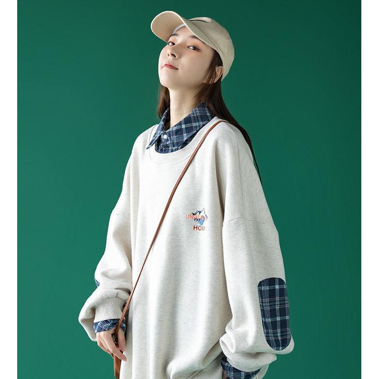 Cotton Spring and Autumn Clothes Fake Two-piece Sweater for Boys and Girls Loose Plaid Shirt Stitching on Clothes