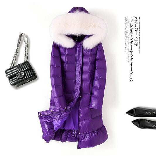 Glossy Down Padded Jacket Women's Winter Clothes Mid-length Thick Padded Coat with Large Fur Collar Waist and Thin Coat