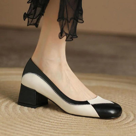 Women's Soft Small Leather Shoes Leather Retro Thick Heel Round Toe Fashion Color Matching Casual Shallow Mouth Sandals