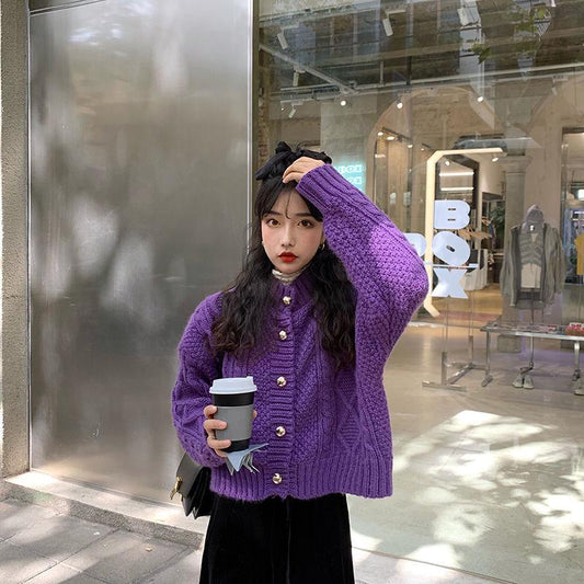 Autumn and Winter Coat Loose Fashion Short Long-sleeved Knit Top Female Student Solid Color Sweater Coat