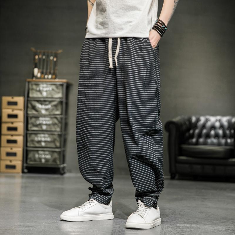 Spring and Summer Chinese Style Linen Plaid Pants Men's Trendy Loose Pants Retro Casual Cropped Trousers