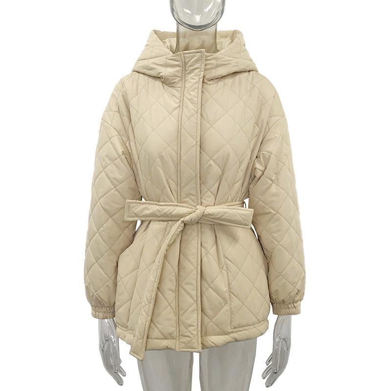 Casual Loose Arygle Hooded Parkas Women Fashion Solid Thick Short Coats Women Elegant Tie Belt Cotton Jackets Female Ladies