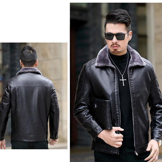 Business Casual Men's Leather Jacket Fur One Plus Velvet Thick Leather Jacket Jacket Middle-aged Father Winter Clothing
