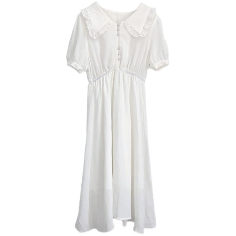 Thin Long Skirt Japanese Style Fresh College Style Sweet Girl Waist Thin White Dress Fabric Thin Breathable Sweet and Cute White Dress