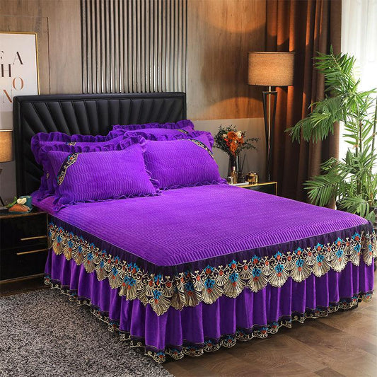 3pcs/set Crystal Velvet Padded Bed Skirt Lace Autumn and Winter Sheets European-style Simmons Protective Cover