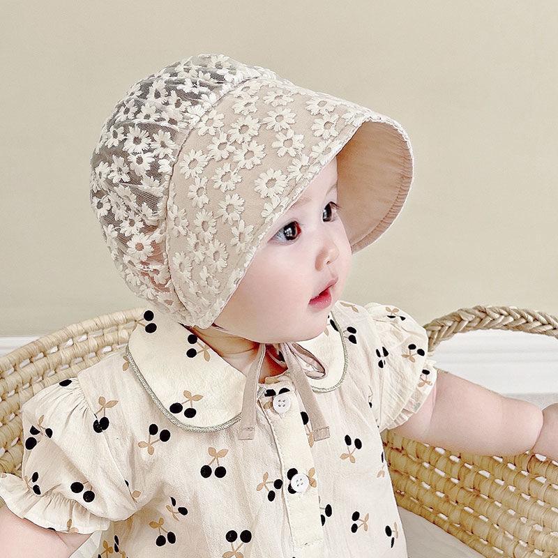 Summer Baby Hollow Out Flower Lace Sun Hat Spring and Autumn Breathable Sun Protective Hat Infant Baby Princess Hat Newborn Sun Hat 1-12M