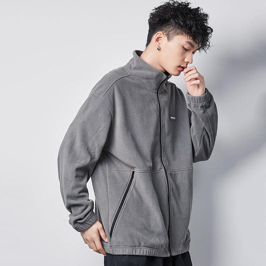 Polar Fleece Jacket Men's Lapel Versatile Cardigan Fleece Sweater Men's Warm Short Long Sleeve Zipper Jacket Comfortable and Breathable