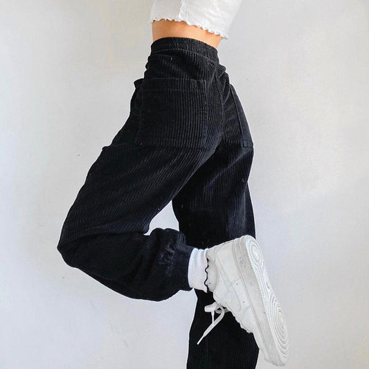 Black Casual Corduroy High Waist Harem Pants Women Autumn Skinny Pocket Trousers Ladies Fashion Streetwear Joggers
