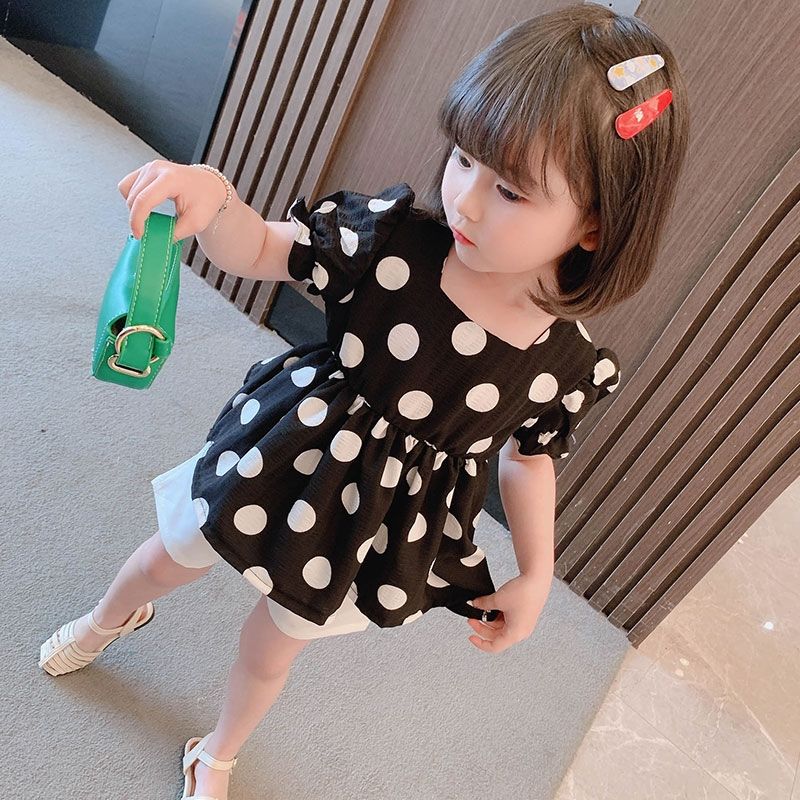 2PCS Children Clothing Set Spring Summer Girls Printing Suits Dot Short Sleeve Ruffle Tops + Pants Clothing Set