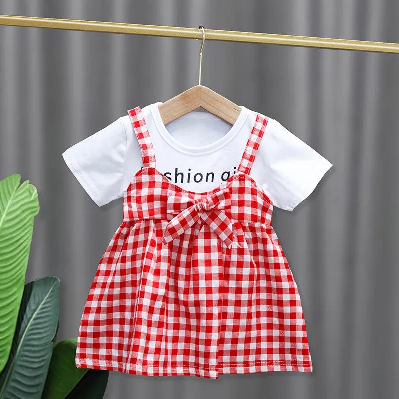 Children Dress Spring Summer Round Neck Kids Clothing Toddler Baby Girls Clothing Plaid Bow Pieated Short Sleeve Dress Girl