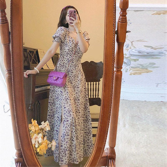 Summer Retro French Square Neck Puff Sleeve Split Dress Oil Painting Purple Floral Long Skirt French Retro Ladies Dress Chiffon Dress