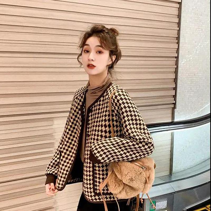 Temperament Small Fragrance Round Neck Houndstooth Short Coat Women's Spring and Autumn All-match Long-sleeved Round Neck Top