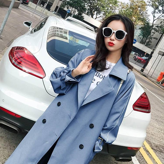 Fashion 2019 Fall /Autumn Casual Double Breasted Long Trench Coat with Belt Chic Female Windbreaker