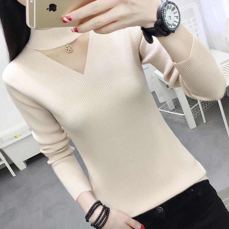 Pofulove Women's Turtleneck Pullover Slim Knit jumper Winter Hollow Gauze yellow Sweater Tops