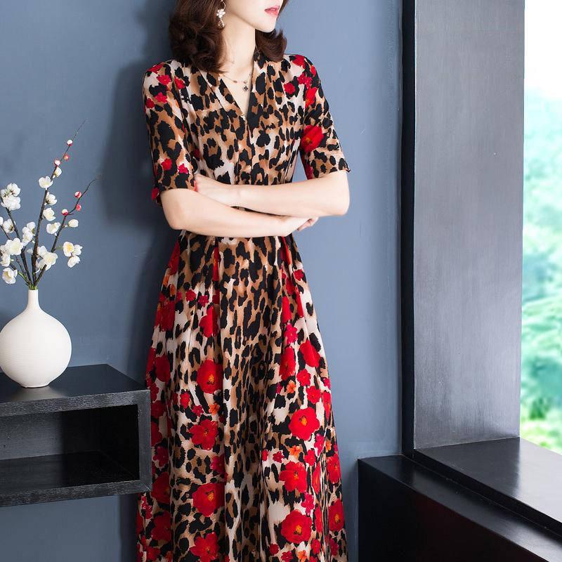 Dress Women's Knee Long Short-sleeved Female Leopard Print Skirt Temperament