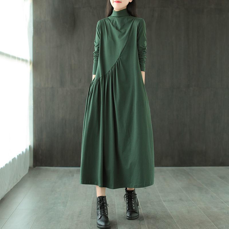 Female Vintage High Waist Long Sleeve Casual Loose Dress Elegant Slim Versatile Mid-length Half-high Collar Dress
