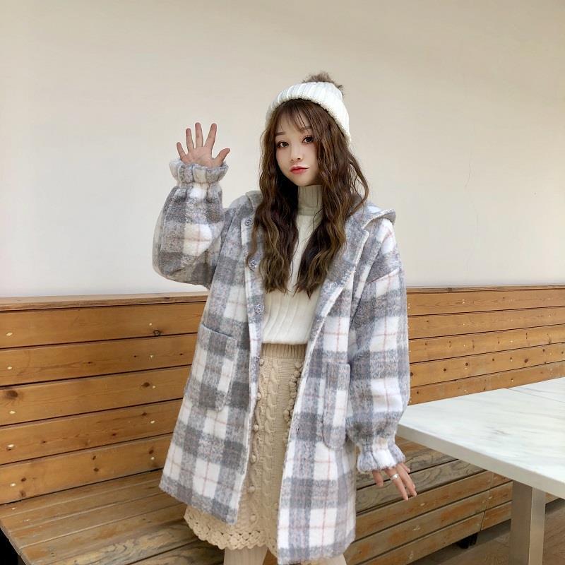 Winter Women's Woolen Coat Fashionable Plaid Mid-length Coat Loose Hooded Women's Clothing