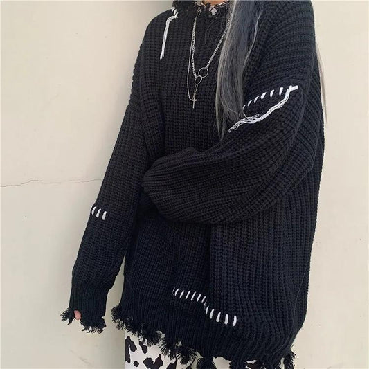 Sweater Women's Black Punk Gothic Streetwear Pullover Knitwear Loose Lazy Ripped Top Trendy Drawstring Sweater Autumn and Winter