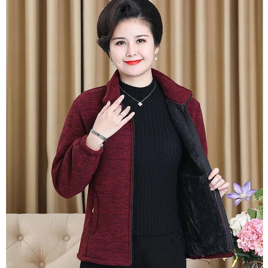 Middle-aged Elderly Women's Polar Fleece Sports Jacket Spring and Autumn Stand Collar Loose Outdoor Casual Sweatshirt Fleece Solid Color Short Top