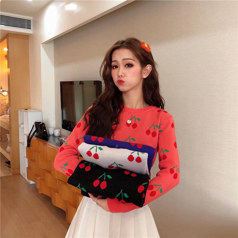 Pofulove Autumn and Winter Thick Cherry Long-sleeved Round Neck Sweater Loose Sweater Large Size