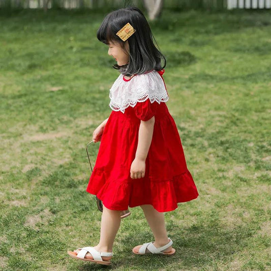 Girls Red Dress Summer Dress Children Summer Puff Sleeve Princess Skirt A-Line Dress Round Neck Short Sleeves