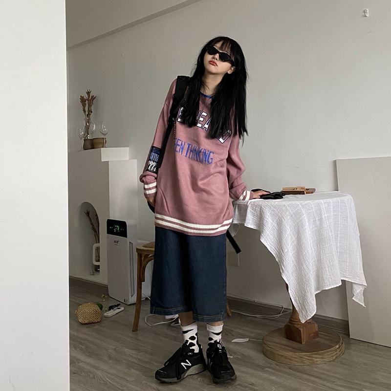 Autumn Winter Letter Stitching Round Neck Sweater Stitching Loose Fashion Casual All-match Knitted Outer Top