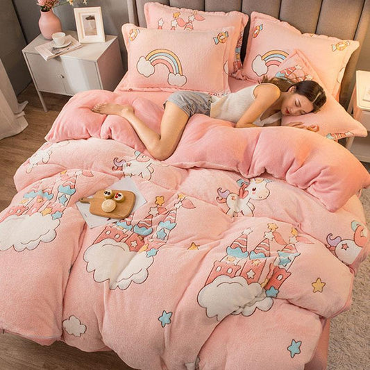 Winter Warm Coral Fleece Four-piece Double-sided Fleece Sheet Duvet Cover Flannel Bedding