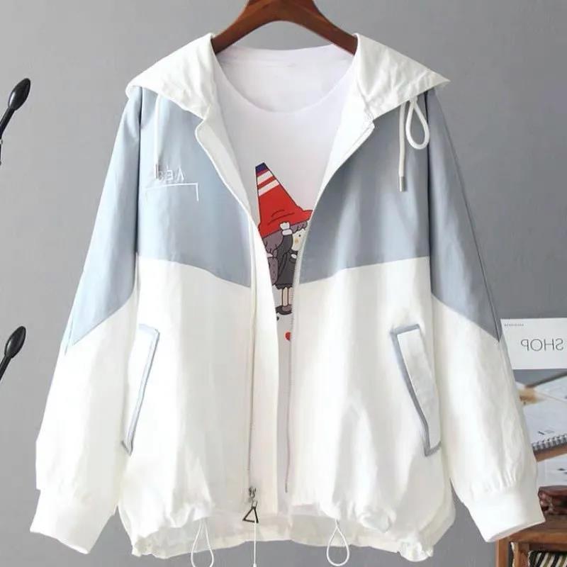 Women's Jacket Loose Baseball Uniform All-match Sun Protection Clothing Women's Hooded Drawstring Design Loose Casual Jacket