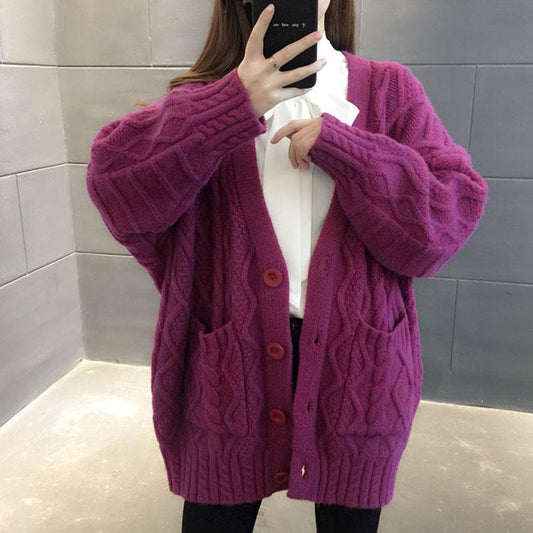 Autumn and Winter Thick Coat Cardigan Fashion Casual Top Mid-length Loose Women Sweater