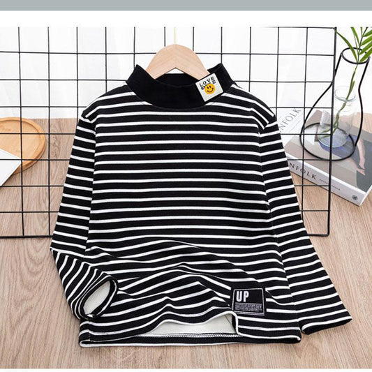 Girls Striped Bottoming Shirt Plush Thick Warm Clothing Wear A Long-sleeved Half-high Collar Top In Autumn and Winter