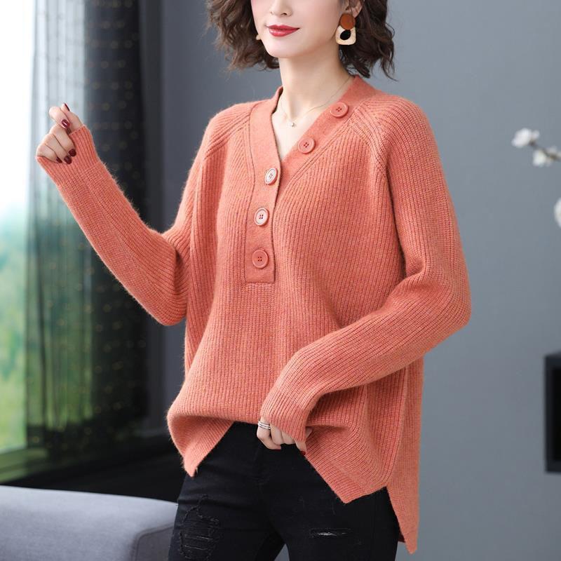 Spring and Autumn V-neck Loose Top Solid Color Plus Size Sweater Simple Casual Women Bottoming Shirt