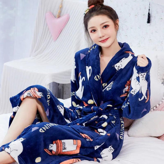Leopard Print Ladies Pajamas Quick-drying Bathrobe Winter Cashmere Warm Home Clothes Homewear Robe Coat Long