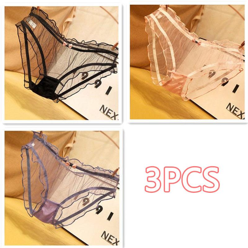 3PCS Japanese Sexy Girl Lace Panties Ultra-thin Transparent See-through Briefs Temptation Low-waisted Bottoms Mesh Hollow Out Underwear Shorts