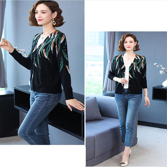 Autumn Winter Ladies Printed Cardigan Women Knit Sweater Fashion V-neck Knit Jacket Outwear Woollen Sweater Coat