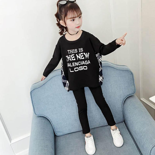 Cotton Girls Round Neck Pullover Letter Plaid Print Sweater Suit Spring and Autumn Children's Casual Two-piece Set