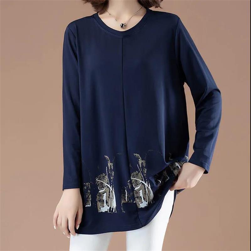 Womens Leisure Print T-shirt Long Sleeve Round Neck Blouses Casual Loose Tops Pullover