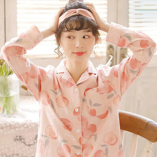 Women's Spring Autumn Long-sleeved Pajamas Peach Printing Cute Sweet Outerwear Homewear Loose Casual Suit
