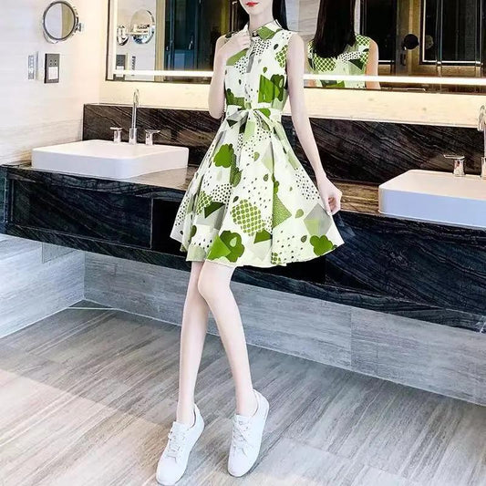 Chiffon Dress Women's Waist Slimming Temperament Avocado Green A-line Version Waist Sleeveless Dress Ladies Temperament Dress Work Can Be Worn