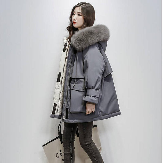 Women's Casual Cotton Clothes Mid-length Fashion Trend Down Down Cotton Clothes Women's Loose and Thick Big Fur Collar Cotton Coat