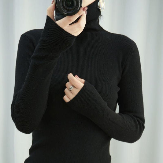 Autumn and Winter New Pile High-neck Woolen Ladies Slim Tight-fitting Long-sleeved Sweater Base Sweater