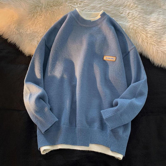 Fake Two White Sweaters for Boys and Girls In Autumn and Winter Loose and Lazy Style Couples Knit Sweater