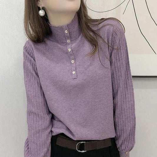 Half Turtleneck Long Sleeve Knitted Sweater Loose Large Size Sweater Fashion Button Solid Color Bottoming Shirt for Women