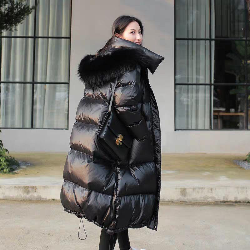 Fashion Popular Black Down Jacket Women Mid-length Thickened Over The Knee Korean Loose Large Size