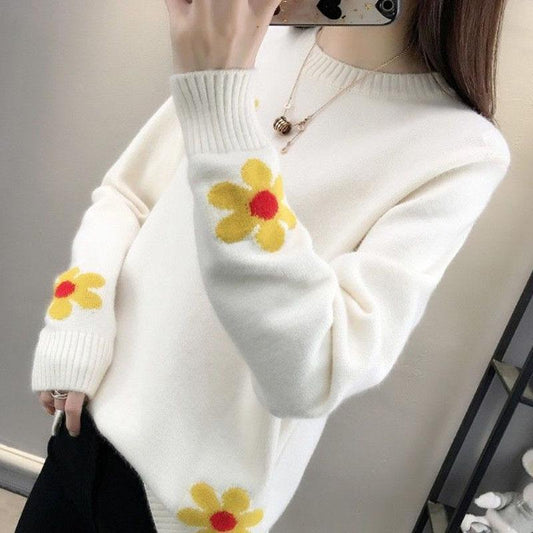 Autumn and Winter Round Neck Sweater Fashion Slim Bottoming Shirt Flower Pattern Simple Blouse