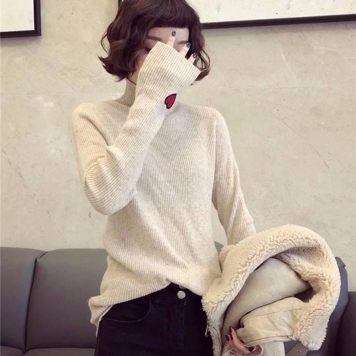Women Embroidery Turtleneck Knitted Bottoming Shirt Slim Was Thin Wild Sweater Solid Color