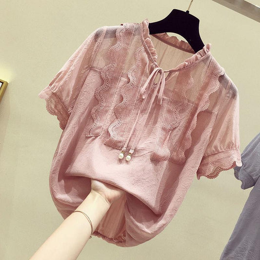 Chiffon Shirt Large Size Loose Women's Top Fashion Casual Hollow Lace Up Short Sleeve Top
