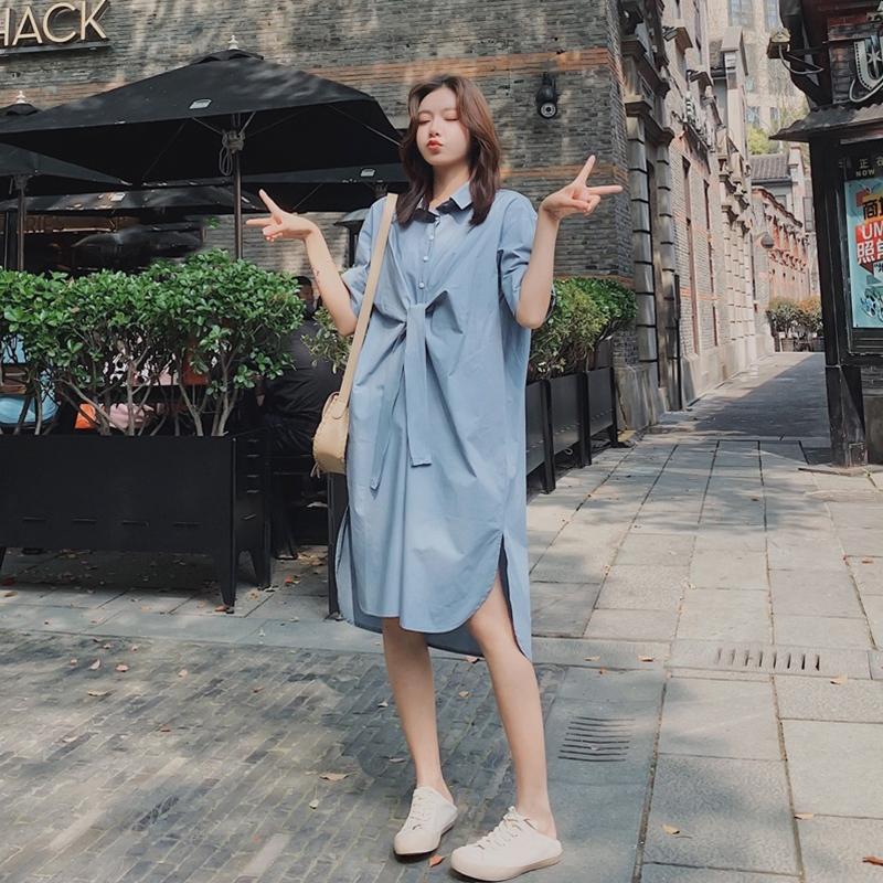 Women T-shirt Dress with Belt Loose Turn-down Collar Casual Loose Big Pocket Short Sleeve Buttons Dress Irregular Split Fork